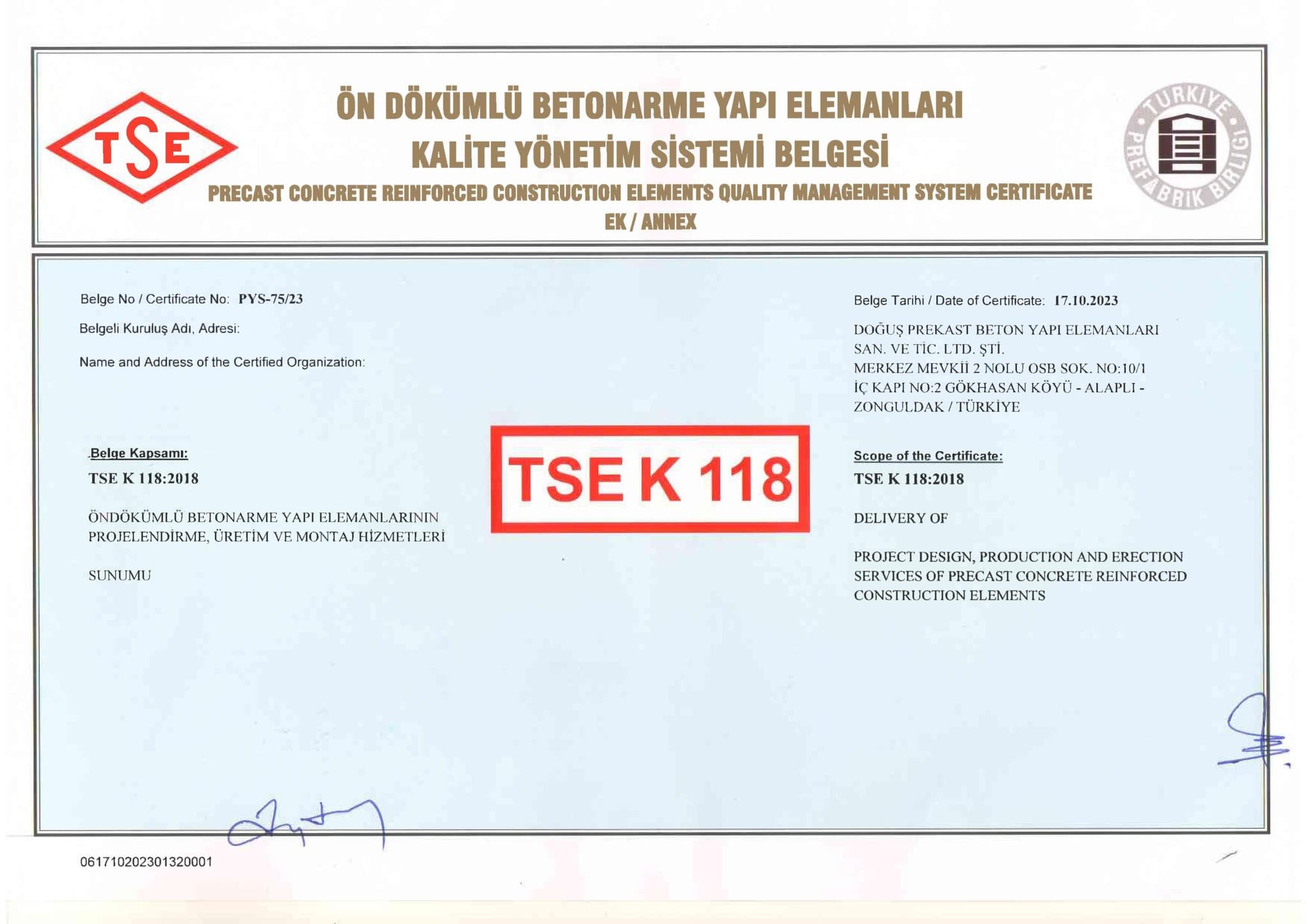 TSE K 118 — Kalite Uygunluk Belgesi